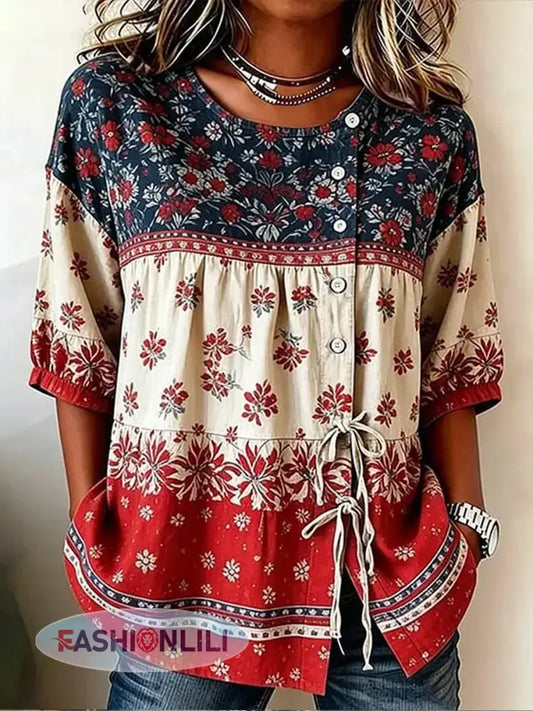 Women’s Vintage Independence Day Flag Flower Cotton-Linen Button-Front Top with Ties - As picture / S