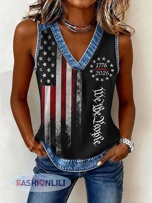 Women’s Vintage Independence Day Flag Print V-neck Vest - Black / S
