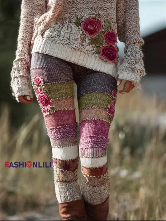 Women’s Vintage Pink Flowers Colorblock Patchwork Cozy Leggings As picture / S