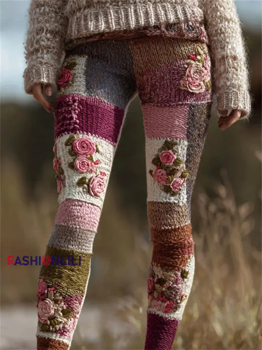 Women’s Vintage Pink Flowers Colorblock Patchwork Cozy Leggings As picture / S
