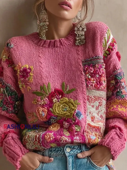 Women’s Vintage Pink Flowers Colorblock Patchwork Sweatshirt As picture / S