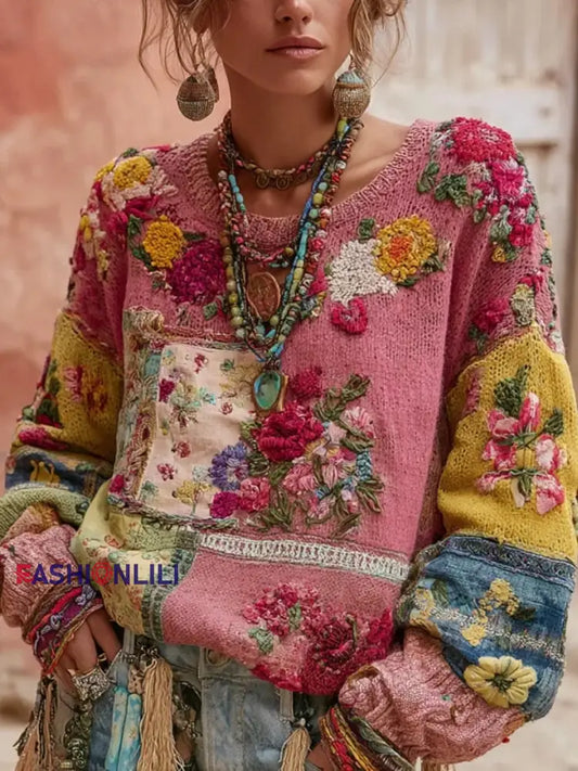 Women’s Vintage Pink Flowers Colorblock Patchwork Sweatshirt As picture / S