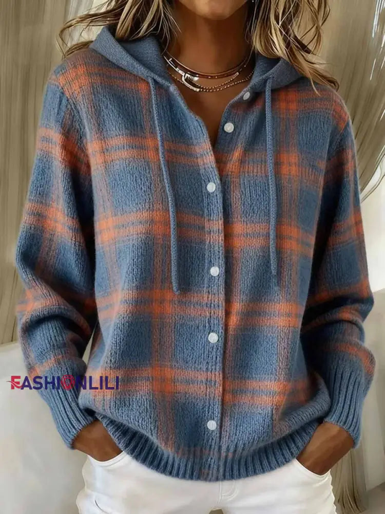 Women’s Vintage Plaid Pattern Cozy Knit Hoodie Cardigan As picture / S