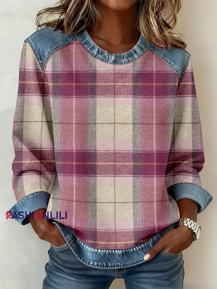 Women’s Vintage Plaid Pattern Denim Patchwork Sweatshirt As picture / S