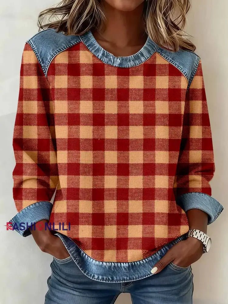 Women’s Vintage Plaid Pattern Denim Patchwork Sweatshirt As picture / S