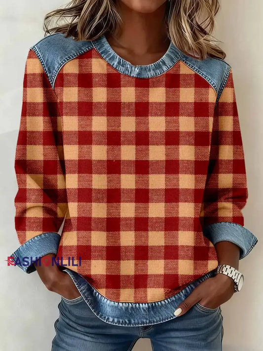 Women’s Vintage Plaid Pattern Denim Patchwork Sweatshirt As picture / S