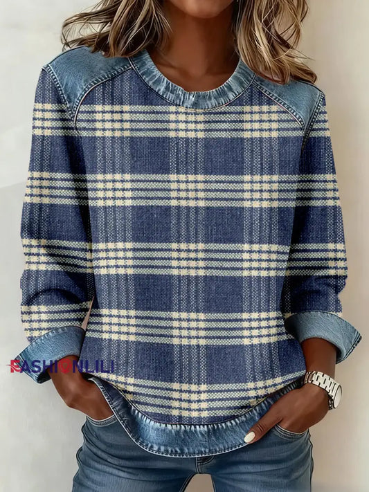 Women’s Vintage Plaid Pattern Denim Patchwork Sweatshirt Blue / S