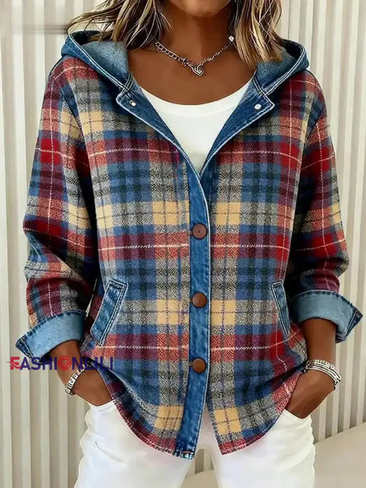 Women’s Vintage Plaid Pattern Patchwork Art Hooded Cardigan As picture / S