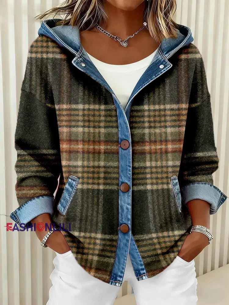 Women’s Vintage Plaid Pattern Patchwork Art Hooded Cardigan As picture / S