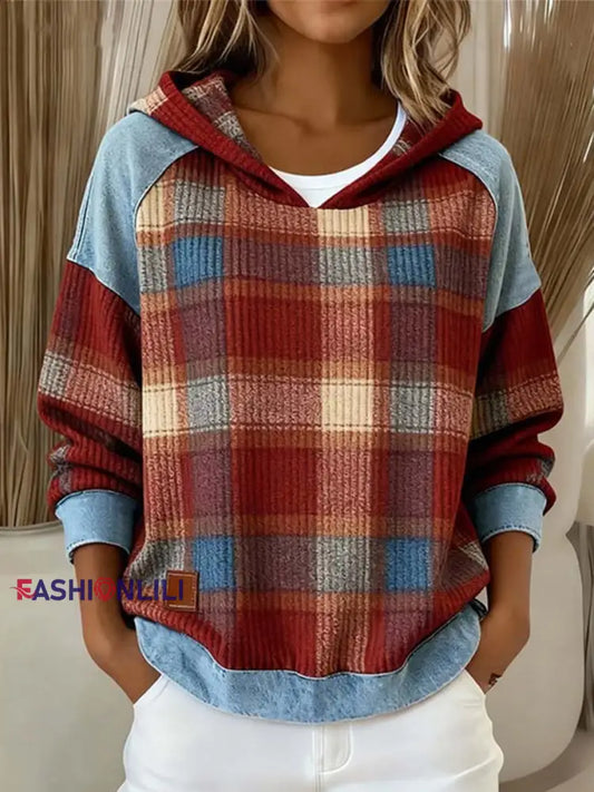 Women’s Vintage Plaid Pattern Patchwork Art Hoodie As picture / S