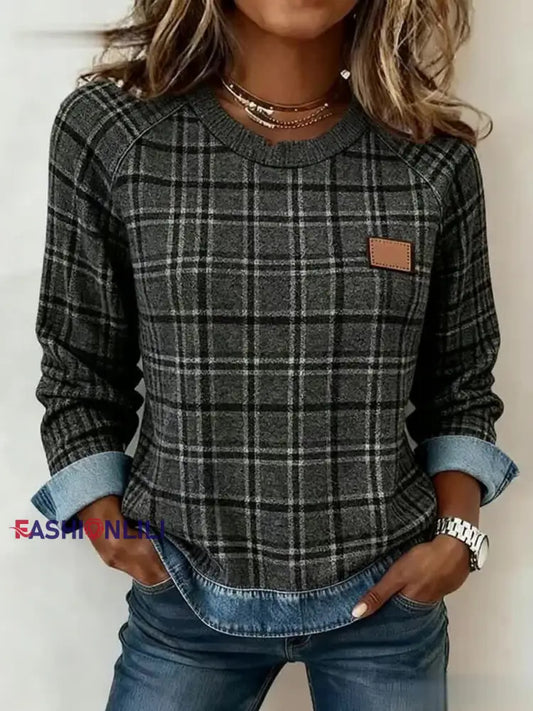 Women’s Vintage Plaid Pattern Patchwork Art Sweatshirt As picture / S