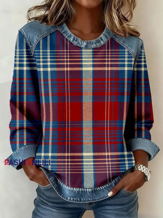 Women’s Vintage Plaid Pattern Patchwork Art Sweatshirt As picture / S