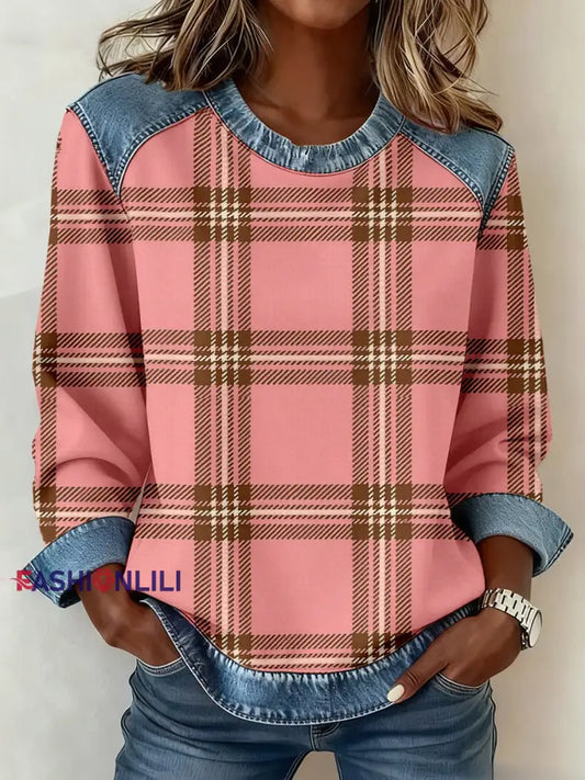 Women’s Vintage Plaid Pattern Patchwork Art Sweatshirt As picture / S
