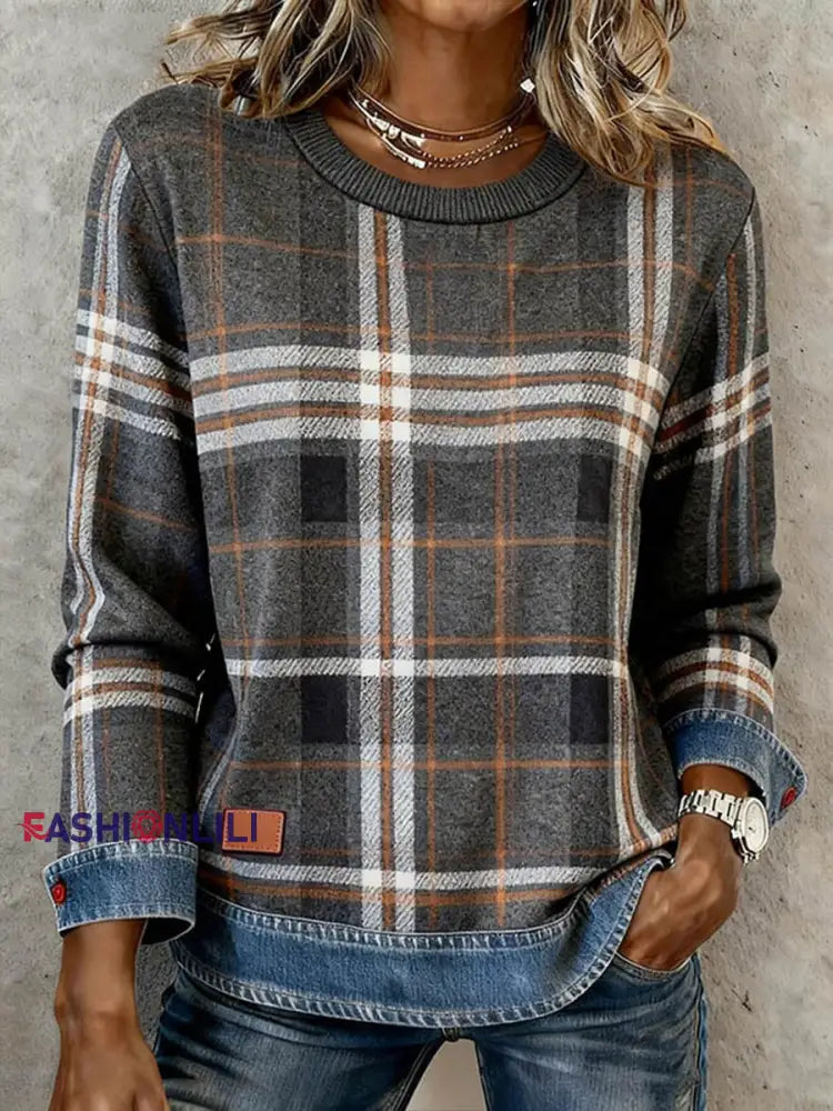 Women’s Vintage Plaid Pattern Patchwork Art Sweatshirt As picture / S