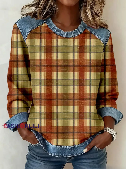 Women’s Vintage Plaid Pattern Patchwork Art Sweatshirt As picture / S