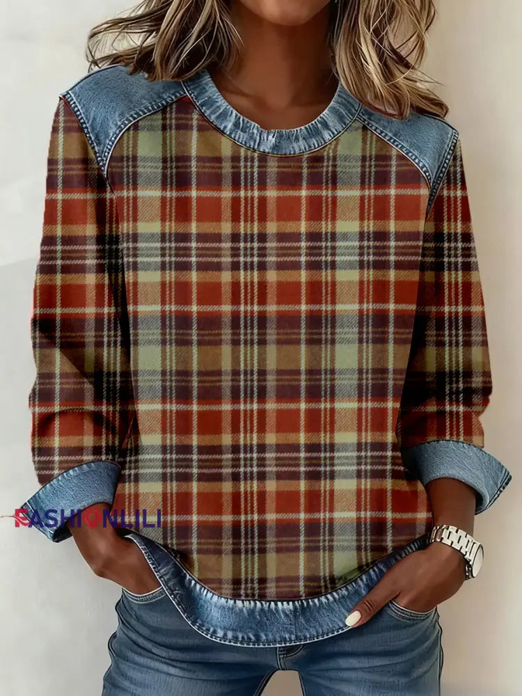 Women’s Vintage Plaid Pattern Patchwork Art Sweatshirt As picture / S