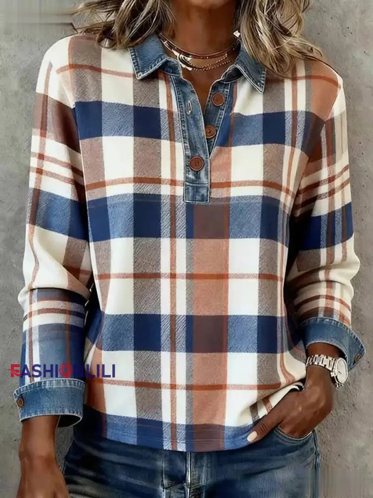 Women’s Vintage Plaid Pattern Patchwork Art Top As picture / S