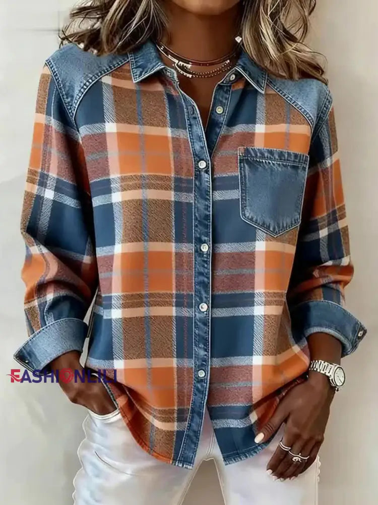 Women’s Vintage Plaid Pattern Patchwork Shirt As picture / S