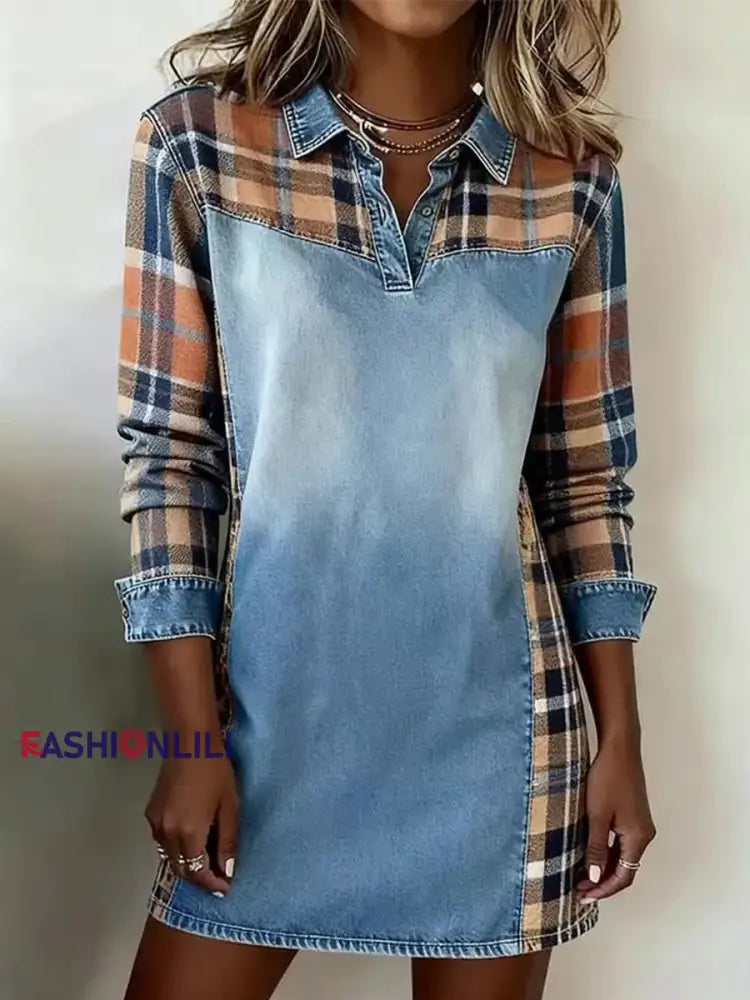 Women’s Vintage Plaid Print Patchwork Art Dress As picture / S