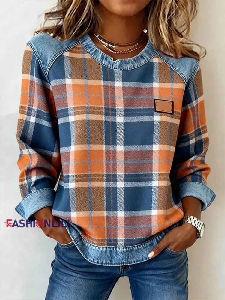 Women’s Vintage Plaid Print Patchwork Art Sweatshirt As picture / S
