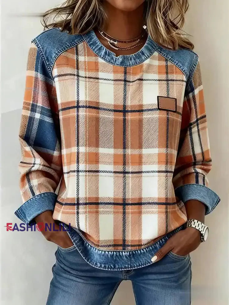 Women’s Vintage Plaid Print Patchwork Art Sweatshirt As picture / S