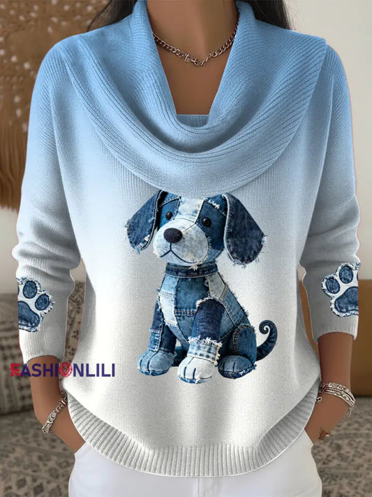 Women’s Vintage Puppy Patchwork Gradient Collar Blouse Blue / S