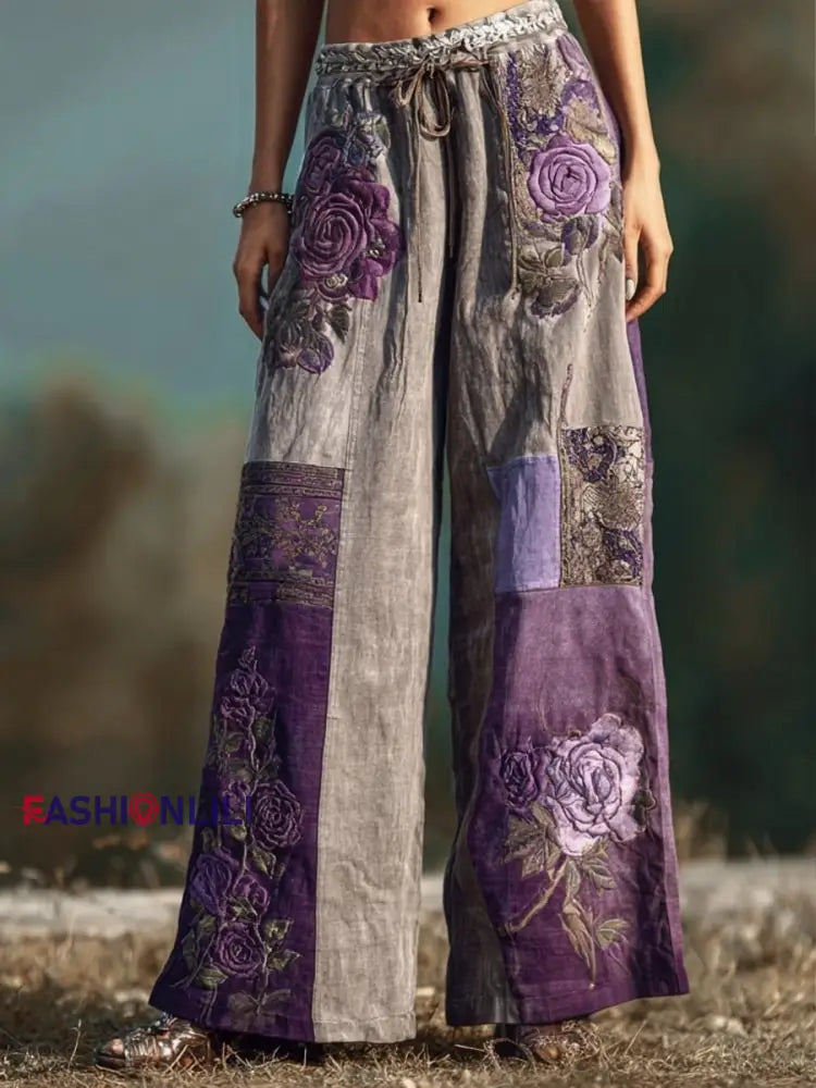 Women’s Vintage Purple Roses Patchwork Pants Purple / S