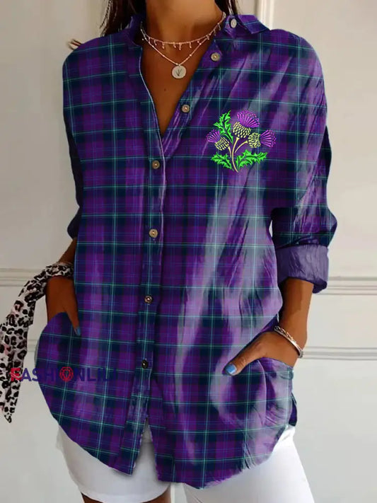 Women’s Vintage Scotland Tartan Thistle Art Print Casual Shirt Purple / S