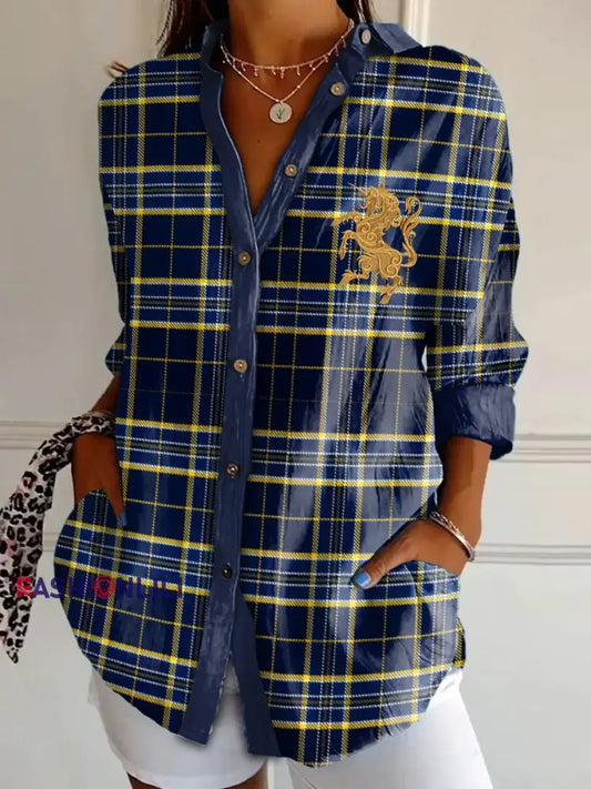 Women’s Vintage Scotland Tartan Unicorn Art Print Casual Shirt Dark Blue / S