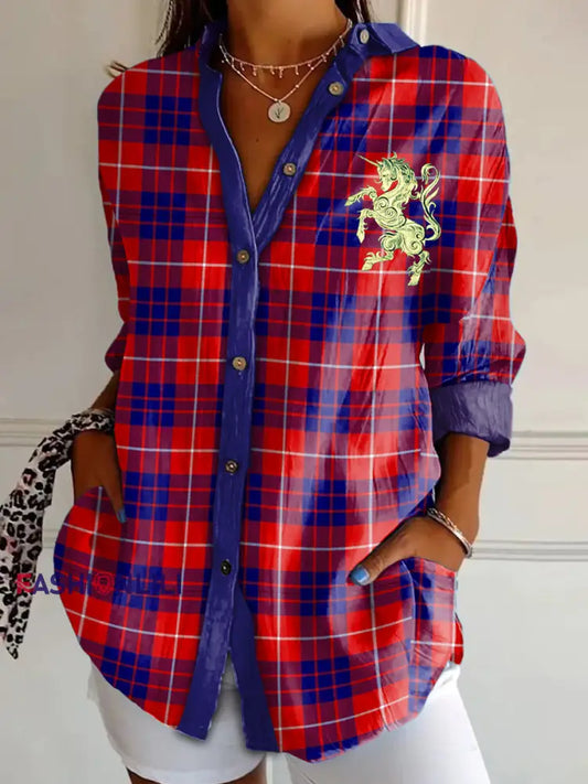 Women’s Vintage Scotland Tartan Unicorn Art Print Casual Shirt Red / S