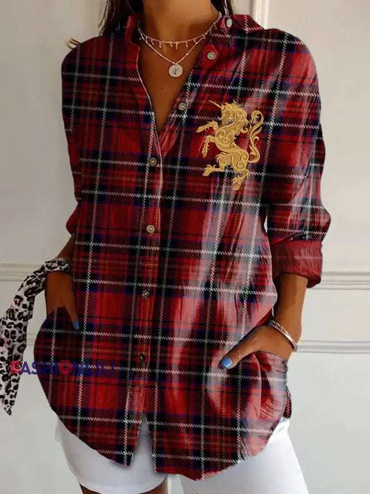 Women’s Vintage Scotland Tartan Unicorn Art Print Casual Shirt Red / S