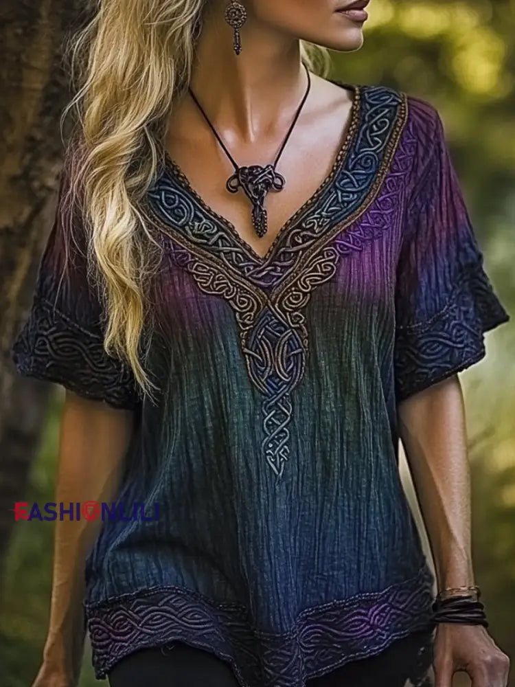Women’s Vintage Viking Celtic Knot Gradient Art Linen Shirt As picture / S
