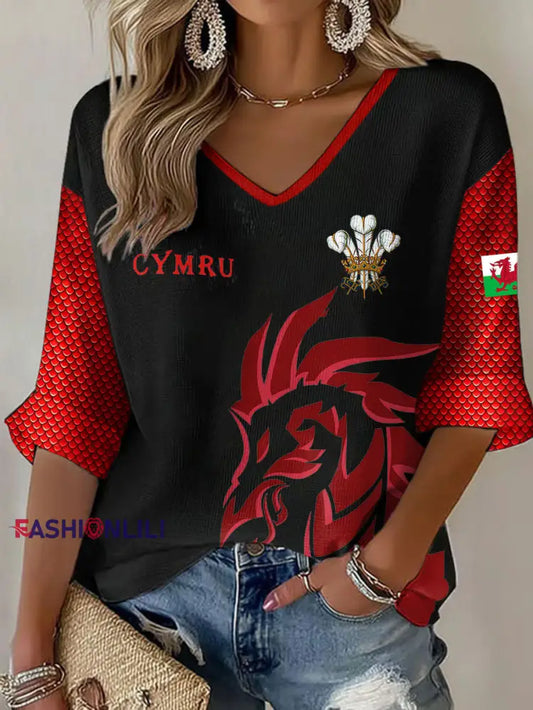 Women’s Wales Welsh Lover Printed Waffle Tops Black / S