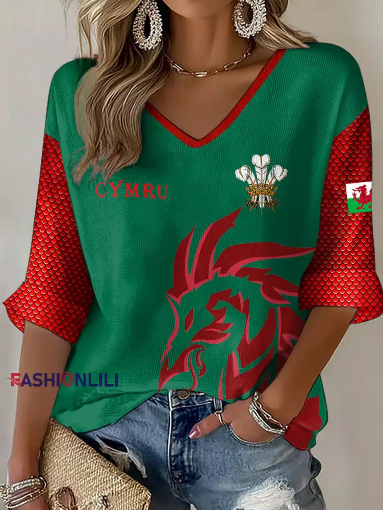 Women’s Wales Welsh Lover Printed Waffle Tops Green / S