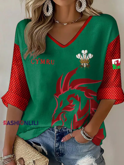 Women’s Wales Welsh Lover Printed Waffle Tops Green / S
