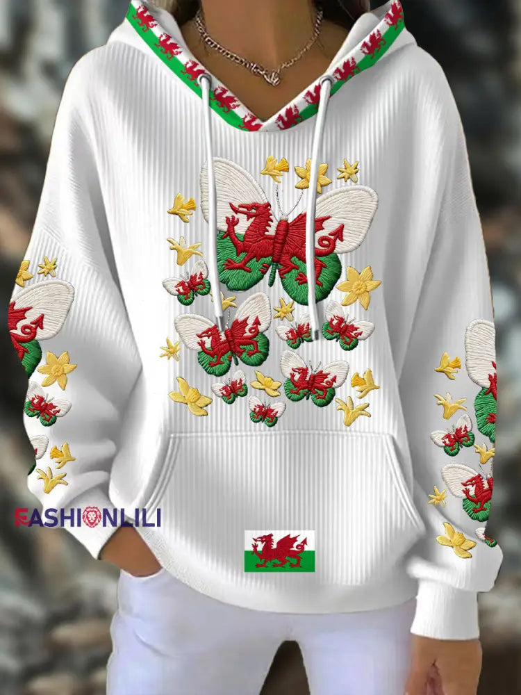 Women’s Wales Welsh Rugby Art Printed Hoodie White / S