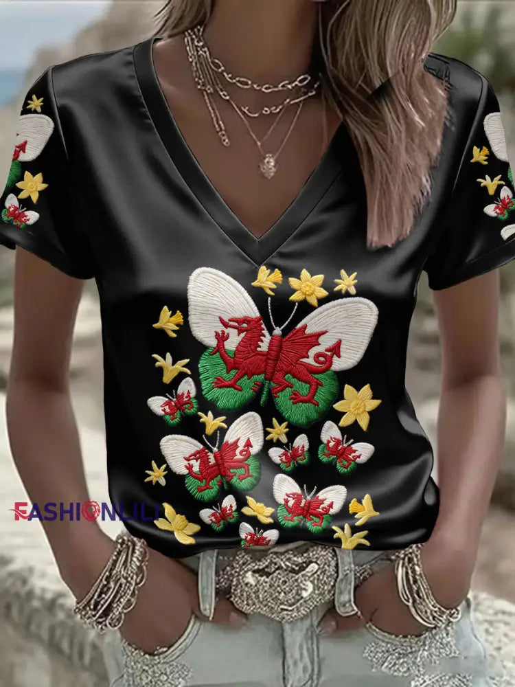 Women’s Wales Welsh Rugby Art Printed T-shirt Black / S