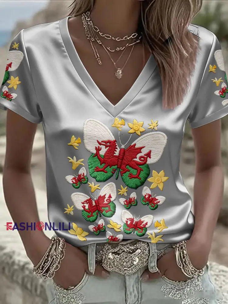 Women’s Wales Welsh Rugby Art Printed T-shirt Light Gray / S