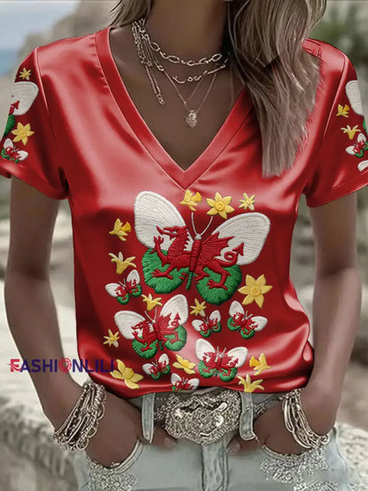 Women’s Wales Welsh Rugby Art Printed T-shirt Red / S