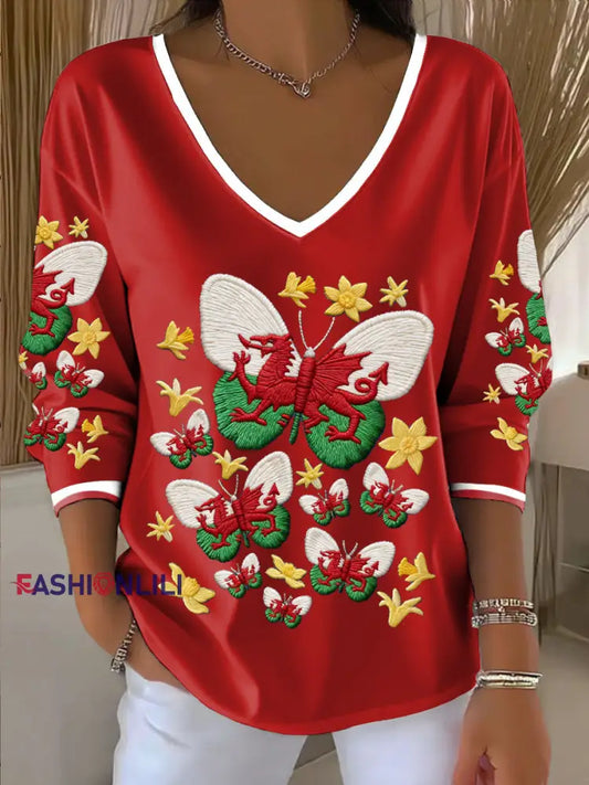 Women’s Wales Welsh Rugby Art Printed V-Neck T-Shirt Red / S