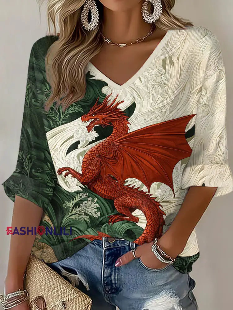 Women’s Wales Welsh Rugby Lover Dragon Art Printed Waffle T-shirt As picture / S