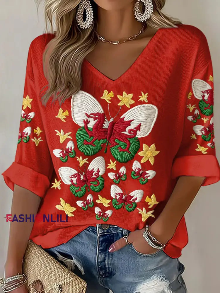 Women’s Wales Welsh Rugby Lover Printed Waffle Tops Red / S