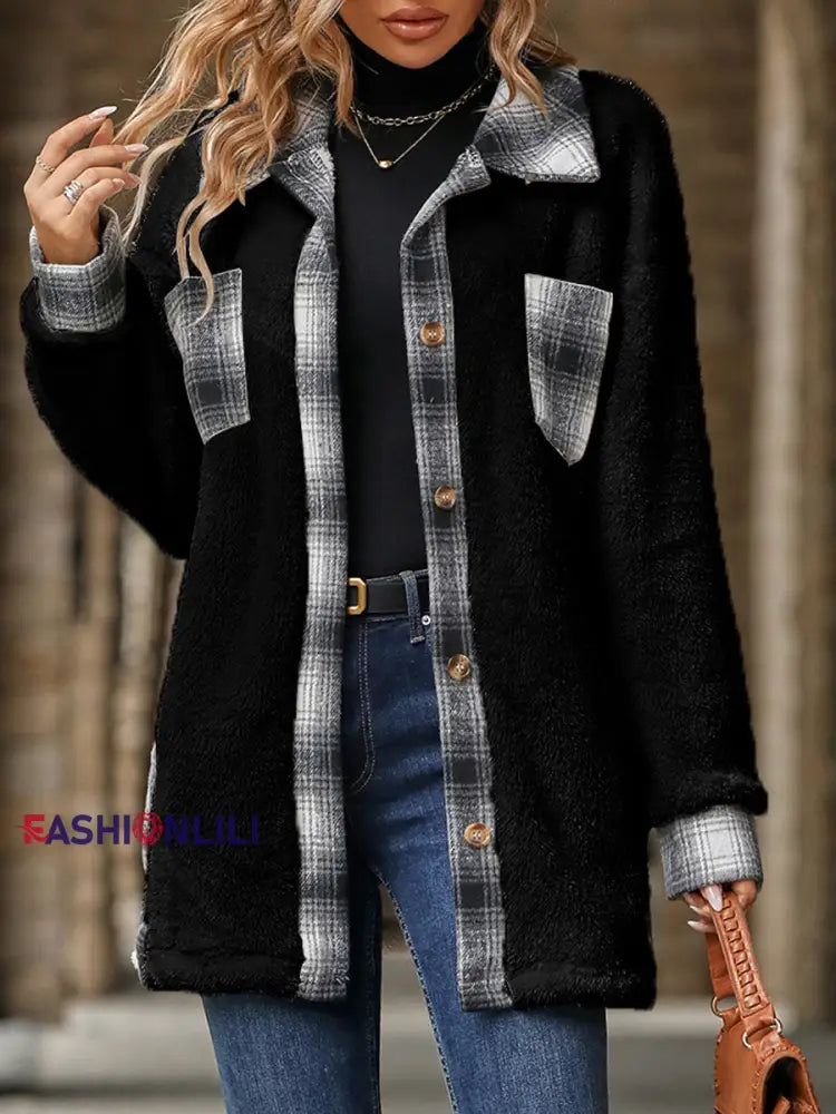 Women’s Warm Plush Plaid Patchwork Mid-Length Coat Black / S