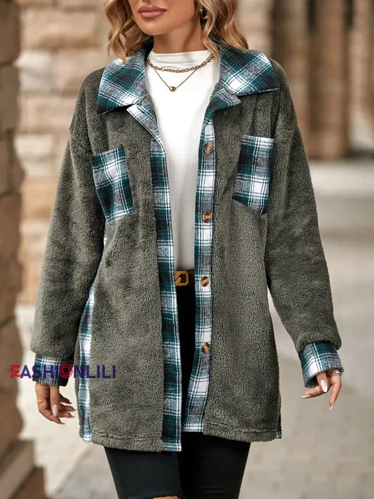 Women’s Warm Plush Plaid Patchwork Mid-Length Coat Gray / S