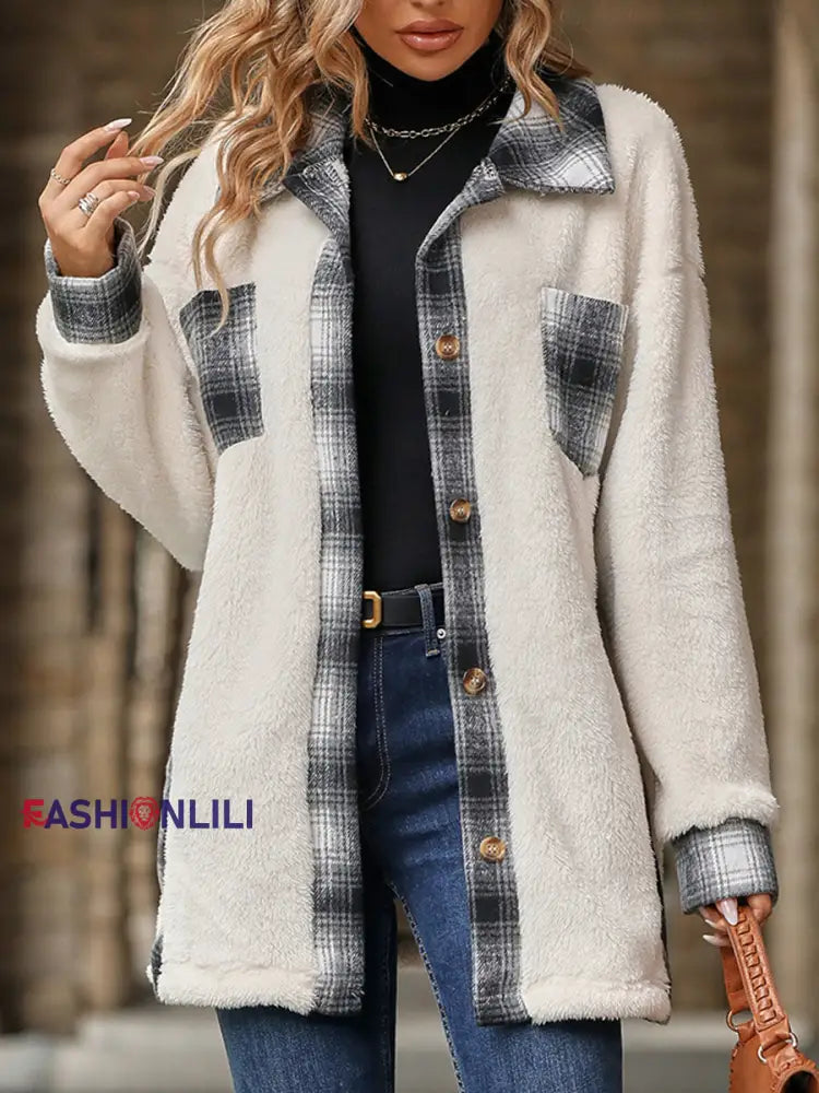Women’s Warm Plush Plaid Patchwork Mid-Length Coat White / S