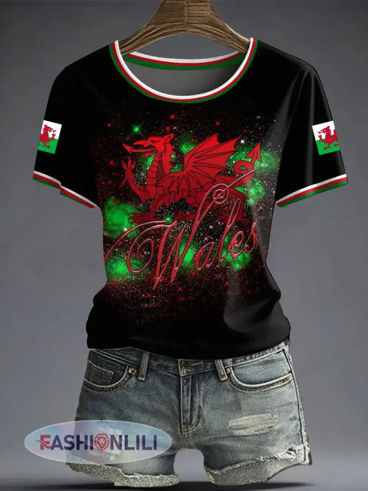 Women’s Welsh Dragon Printed T-shirt - Black / S