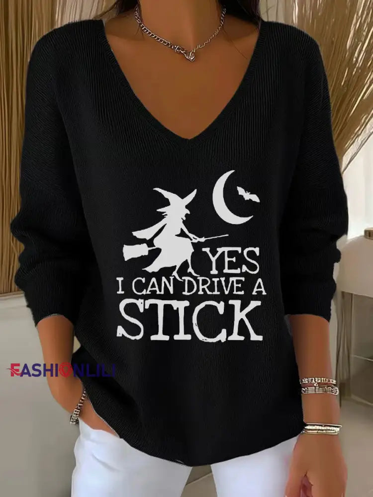 Women’s witch ’Yes I Can Drive A Stick’ print knit top Black / S