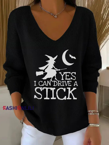 Women’s witch ’Yes I Can Drive A Stick’ print knit top Black / S