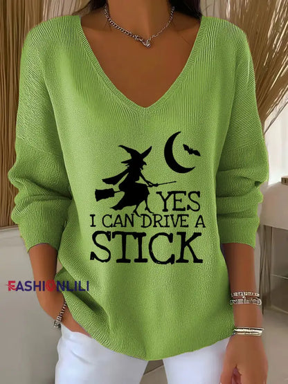 Women’s witch ’Yes I Can Drive A Stick’ print knit top Green / S