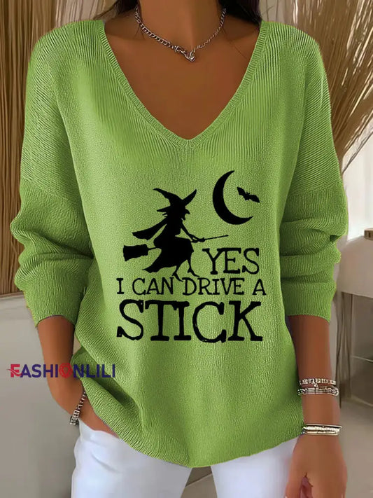 Women’s witch ’Yes I Can Drive A Stick’ print knit top Green / S